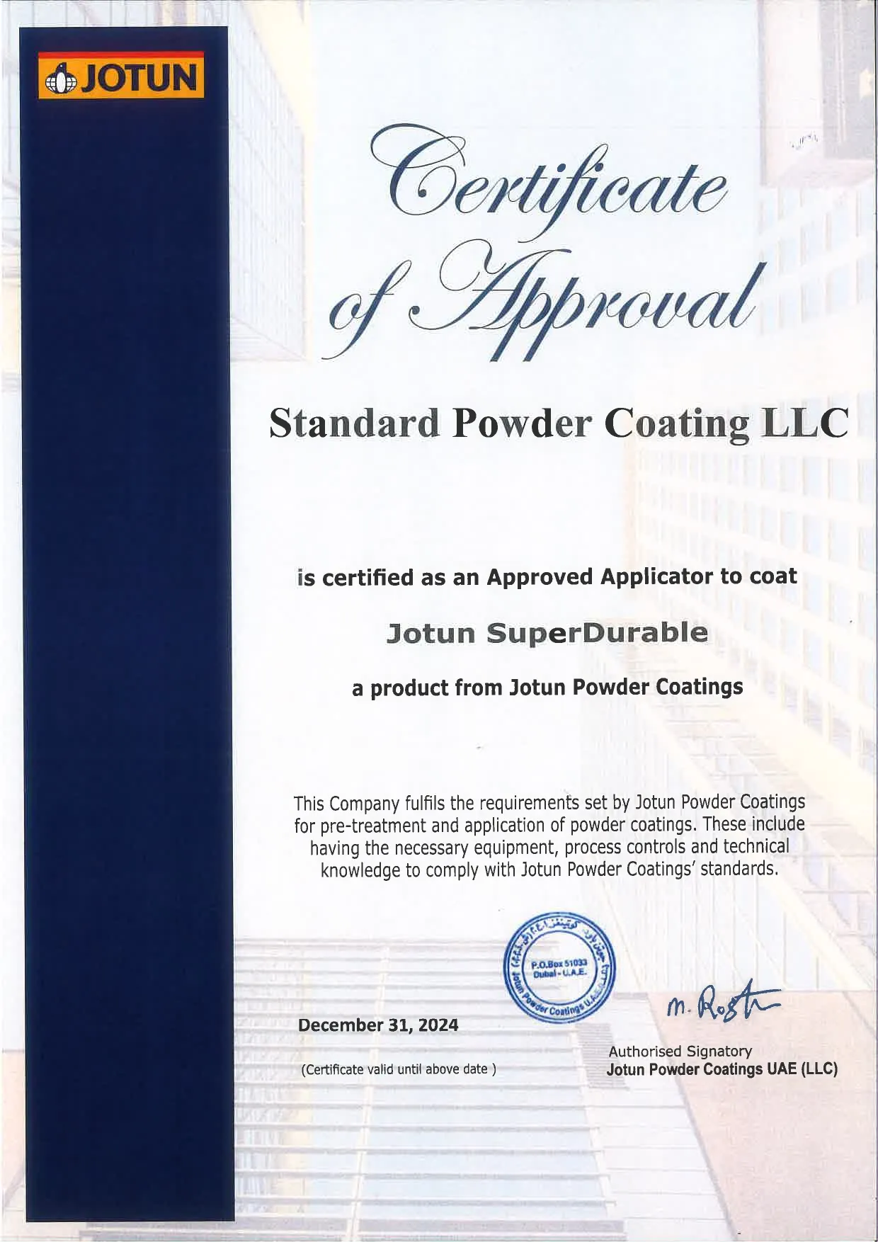 Jotun SuperDurable approved applicator certificate